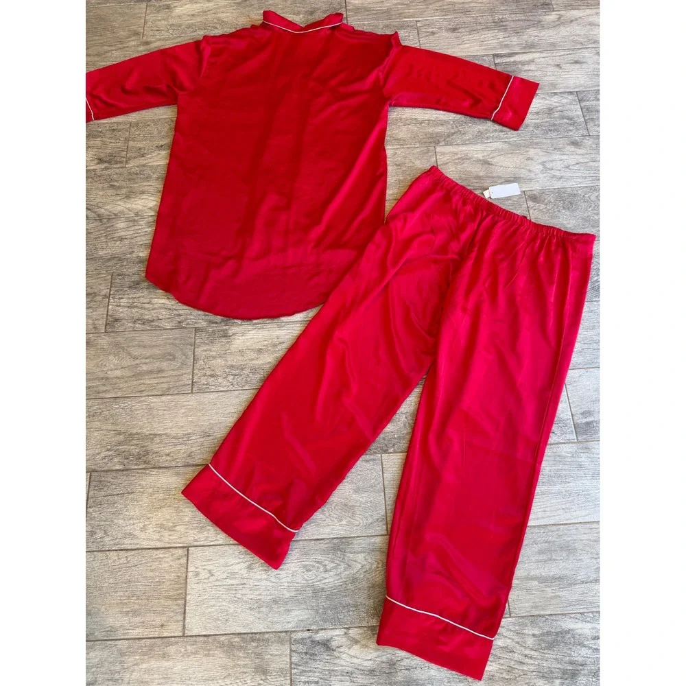Natori Pajama Set 2‎ pc Large Red Satin Shirt Button Down Long Sleeve Pants ReAd